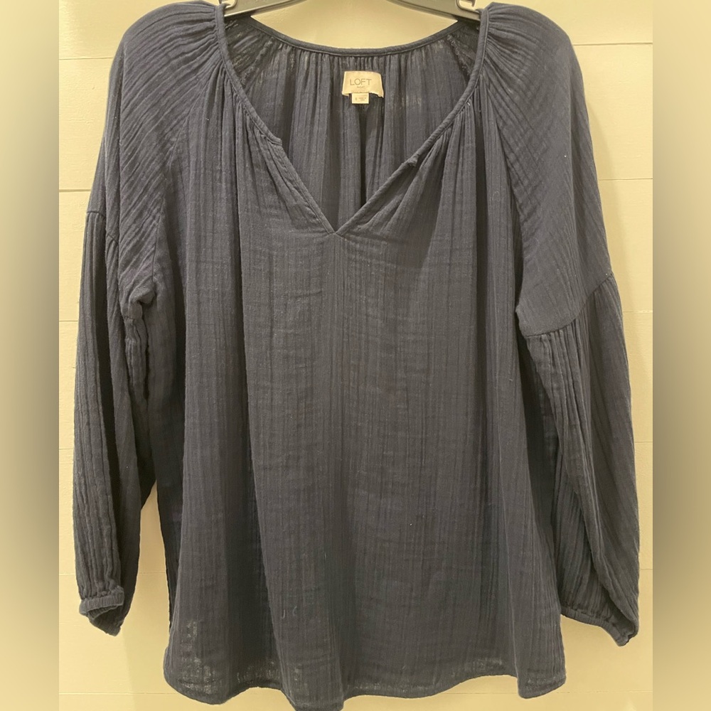 Loft Outlet Navy Blue 3/4 Length Sleeve Gauze Top